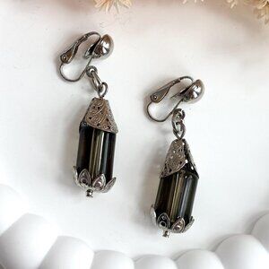Silver Toned Silver Cylinder Rhinestone Vintage Clip On Dangle Earrings